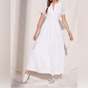 Anthropologie Maeve Somerset Maxi in White Eyelet Tiered Dress XS Pockets